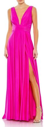 Mac Duggal Jersey Plunge Neck Evening Gown in Hot Pink at Nordstrom, Size 14