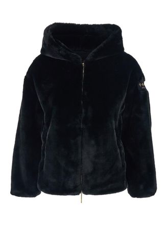 Tatras Yumola Black Jacket With Drawstring Hood And Logo Patch On The Sleeve In Ecofur Woman