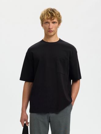 Selected T-Shirt SELECTED SLHLOOSEOSCAR POCKET SS TEE NOOS, Herren, Gr. XL, schwarz, Jersey, Obermaterial: 44% Baumwolle, 35% Polyester, 21% Elastomultiester, 