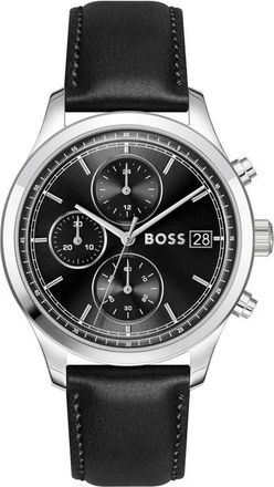 BOSS Stratus Chronograph Leather Strap Watch, 41mm in Black at Nordstrom