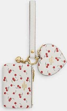 Coach Womens Wristlet And Heart Pouch With Cherry Print And Charm in White | Leather