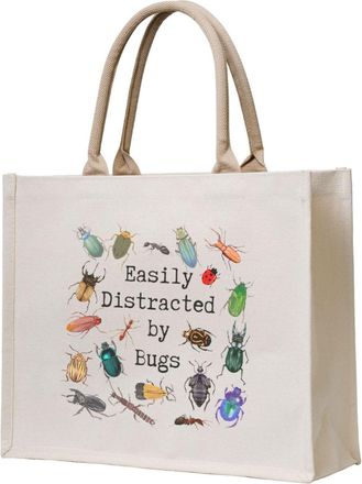 Generic Easily Distracted By Bugs Canvas Tote Bag For Sewers & Knitters, Sewing Theme Reusable Grocery Bag, Funny Crafting Gift For Women, Large Capacity Canv