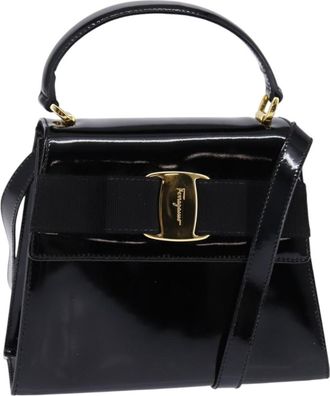 Ferragamo Vintage Vara Bow Top Handle Bag Patent Leather Black Patent_Leather Handbag (Pre-Owned)
