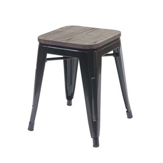 Hhg Nunca Usado] Taburete Hhg 908 Incl. Asiento De Madera, Taburete De Metal Asiento Taburete, Metal Dise&ntilde;o Industrial Apilable, Negro
