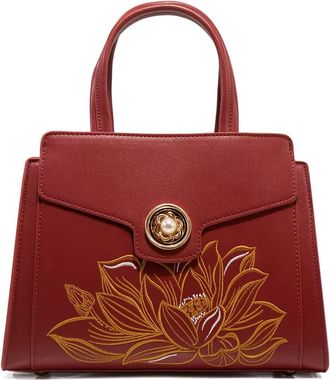Generic Womens Leather Handbag with Lotus Embroidery, Red, Pearl Button Closure, Top Handle Bag