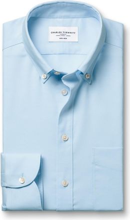 CHARLES TYRWHITT Non-Iron Sretch Oxford Cotton Shirt - Light Blue Single Cuff Size 15.5/33 by Charles Tyrwhitt