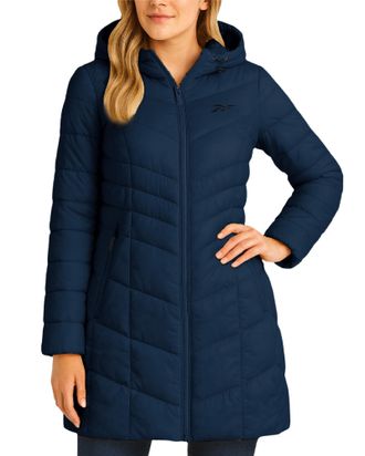 Reebok Womens Puffer Jacket - Long Quilted Hooded Winter Coat for Women - Lightweight Packable Outerwear Jackets for Women, Navy, L