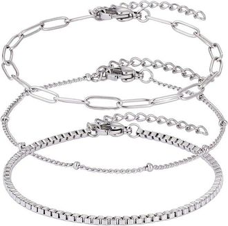 Adornia Adornia Silver Plated Stainless Steel Tarnish-Resistant 3-Chain Bracelet Set