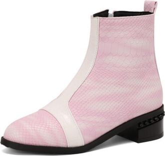 Generic Womens Patterned Ankle Boots Round Toe Low Block Heels Side Zip Durable Leather Upper Comfortable Slip-On Casual Daily Party Fashion Shoes,Pink,4.5 UK