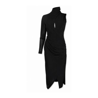 Pinko Pinko, Kleedjes, Dames, Zwart, M, Nylon, Cadillac One-Sleeve Asymmetrische Ruche Midi Jurk
