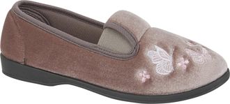 Jo & Joe Ladies Embroidered Velvet Comfort Slippers - Soft Indoor Shoes with Cushioned Foam with rubber sole Sizes 3-8 (Heather, 7 uk, UK Footwear Size System,