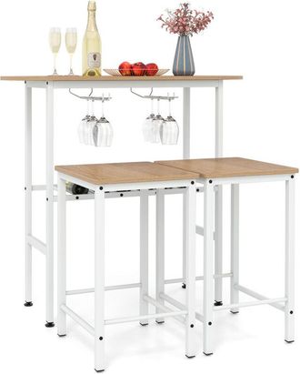 Costway 3 Pieces Breakfast Bar Set Bar Table Set with 2 Stools-Natural
