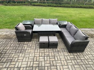 Fimous Outdoor Rattan Garden Furniture Set Oblong Dining Table & Chairs Set with 3 Seater Sofa Small Footstools Side Tables Dark Grey Mixed