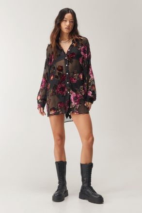 NASTY GAL Womens Devore Oversized Sheer Floral Shirt - Black material_polyester - Size 12 UK