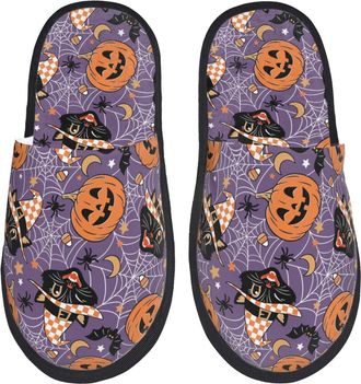 Generic Vintage Halloween Cat Black Men Women House Slippers Fluffy Slippers Slip On Shoes For Indoor Outdoor Winter M