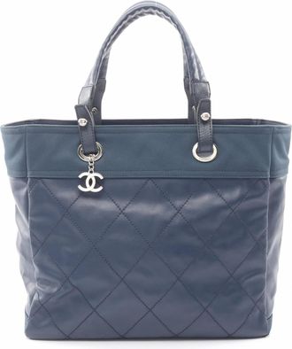 Chanel Navy Coated Canvas Leather Handbag Tote Bag (Pre-Owned)