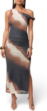 JLUXLABEL Karrah Abstract Print One-Shoulder Mesh Dress in Brown at Nordstrom, Size Medium