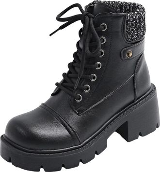 Generic Womens Lace Up Boots Comfortable Knit Collar Chunky Heel Booties for Women Stylish Round Toe Thick Sole Non-Slip Classic Ankle Boots Office Parties