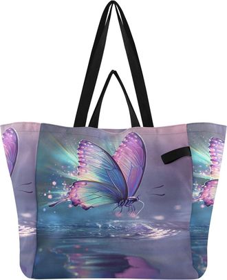 Generic Butterfly Purple pattern Reusable Canvas Tote Bag, Heavy Duty Grocery Shopping Bag with Double Handles Hard Bottom Large Capacity Work Groceries Trave