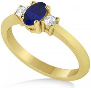 Allurez Small Oval Blue Sapphire & Diamond Three-Stone Engagement Ring 14k Yellow Gold (0.60ct)