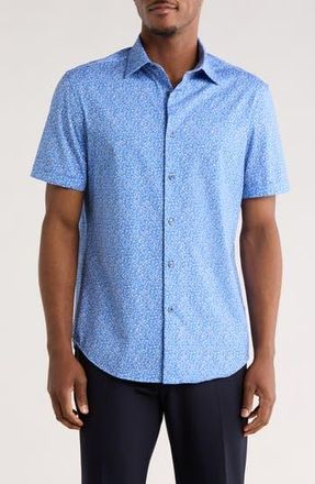 Bugatchi Print Short Sleeve Button-Up Shirt in Cobalt at Nordstrom Rack, Size Xxx-Large