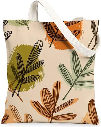 Generic Autumn Leaf Canvas Tote Bags, Nature Inspired Plant Design Reusable Grocery Bags, Lightweight Washable Eco-Friendly Shoulde, Beige, 13x15 Inch
