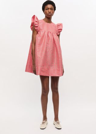 Ganni Red Crinkled Check Taffeta Dress - Size 34 Alert