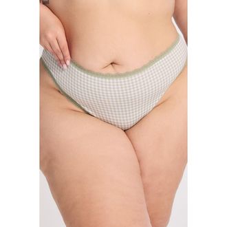 Savage x Fenty Essentials Lace Trim Stretch Cotton Cheeky Briefs in Steely Green Check Effect Prin at Nordstrom, Size X-Small