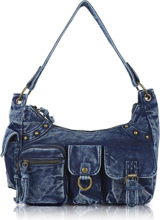 Angel Kiss Hobo Bag for Women Soft Vegan Leather Shoulder Handbag Multi-Pocket Tote Crossbody Bag, Removable Strap, Denim Blue, M