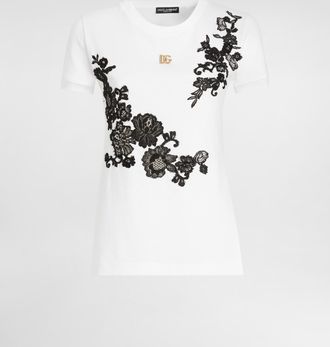 Dolce & Gabbana Jersey T-shirt With Dg Logo Pin And Lace Details - Woman T-shirts And Sweatshirts White 36
