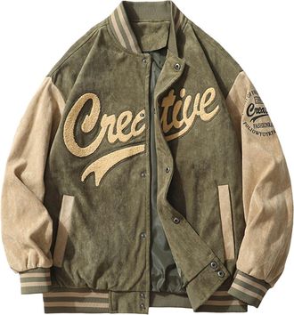 Generic Men Varsity Jacket Color Block Letter Print College Baseball Jackets Vintage Outwear with Pockets Unisex Coat Patchwork Top Fall Bomber Biker Jacket O