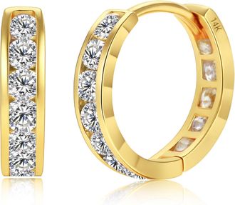 MAX + STONE Solid 14K Yellow Gold Cubic Zirconia Huggie Hoop Earrings in White, Pink or Red