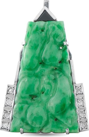 Luxury Bazaar 14K White Gold Diamond Carved Jade Art Deco Brooch MF04-082526