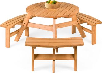 Best Choice Products 6-Person Circular Outdoor Wooden Picnic Table w/ 3 Built-In Benches, Umbrella Hole