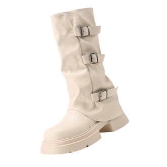 Generic Narrow Boots for Skinny Legs, Womens Fold Over Slouchy Calf Wide Fit Boots Low Heel Mid-Calf Round Toe Booties Thick Bottom Chunky Heels Pull On Ridin