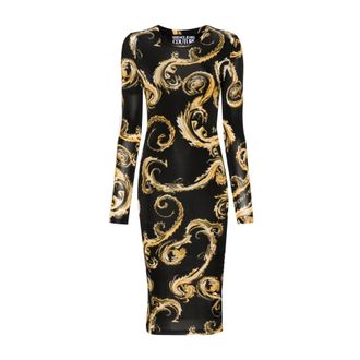 Versace Jeans Couture Kleedjes, Dames, Zwart, S, Zwarte Jurk met Chromo Couture Print