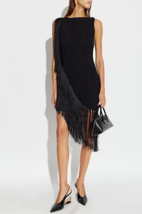 Alaia Asymmetrical Dress With Fringes, Womens, Black