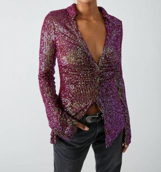 Free People Sequin Long Sleeve Shirt In Dark Rhubarb