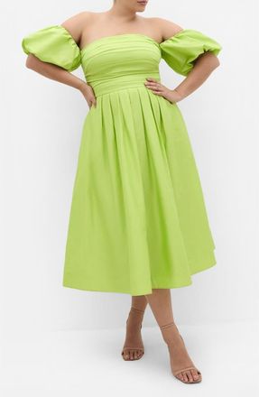 City Chic Rosalee Off the Shoulder Cotton Midi Dress in Pistachio at Nordstrom, Size Xxxs