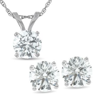 Pompeii3 2 Cttw Round Cut Diamond Solitaire Necklace & Screw Back Stud Earrings Set 14K White Gold