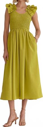 Entro Sleeveless Smocked Midi Dress In Chartreuse