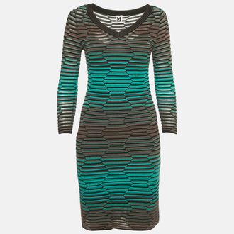 M Missoni Blue/grey Textured Knit V-Neck Mini Dress
