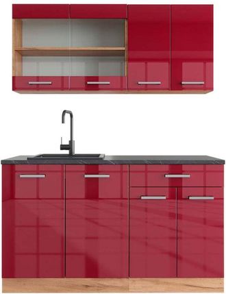 Vicco Cucina monoblocco R-Line, Bordeaux lucido/rovere dorato, 140 cm, pl Antracite