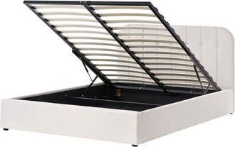 Beliani Cama Con Somier De Tela 160 X 200 Cm Con Cabecero Almacenaje Elevable Blanco Crema Challans
