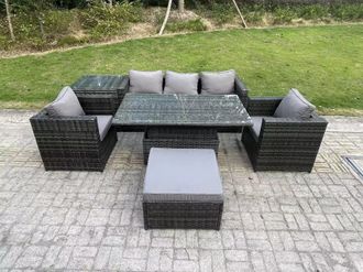 Fimous Outdoor Rattan Garden Furniture Sofa Set Adjustable Rising Lifting Dining Table Set Side Table 2 Armchairs in Dark Grey