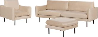 Beliani Conjunto De Sala De Estar 3 Plazas Estilo Retro Moderno Sof&aacute; Sill&oacute;n Otomana De Terciopelo Beige Patas Negras Vinterbro