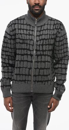 Versace Pullover Zip-up in Misto Lana Vergine Motivo Crocodile Versace