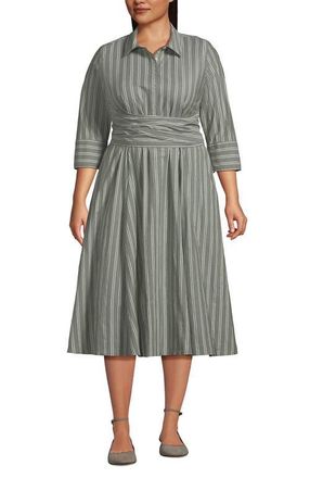 Lands End Plus Size Poplin Midi Wrap Front Dress in River Stone Double Stripe at Nordstrom, Size 20W