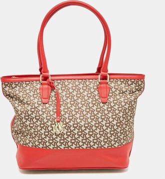 DKNY Dkny Red/beige Signature Canvas And Leather Zip Tote