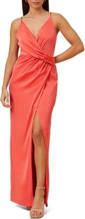 Aidan Mattox V-Neck Draped Front Slit Satin Dress In Sugar Coral